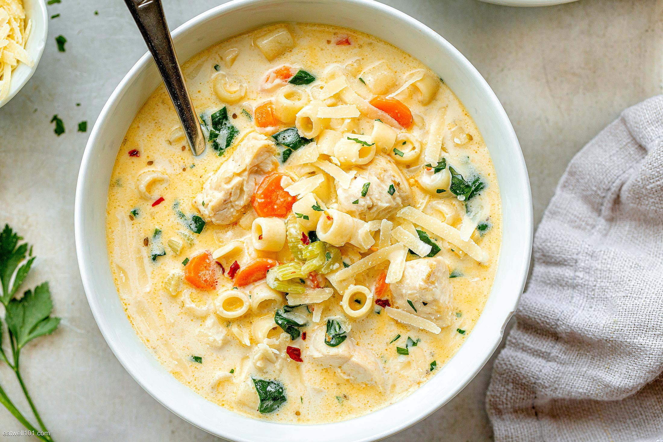 Creamy Chicken Pasta Soup Recipe with Carrot and Spinach | SuzyQ | Copy Me  That