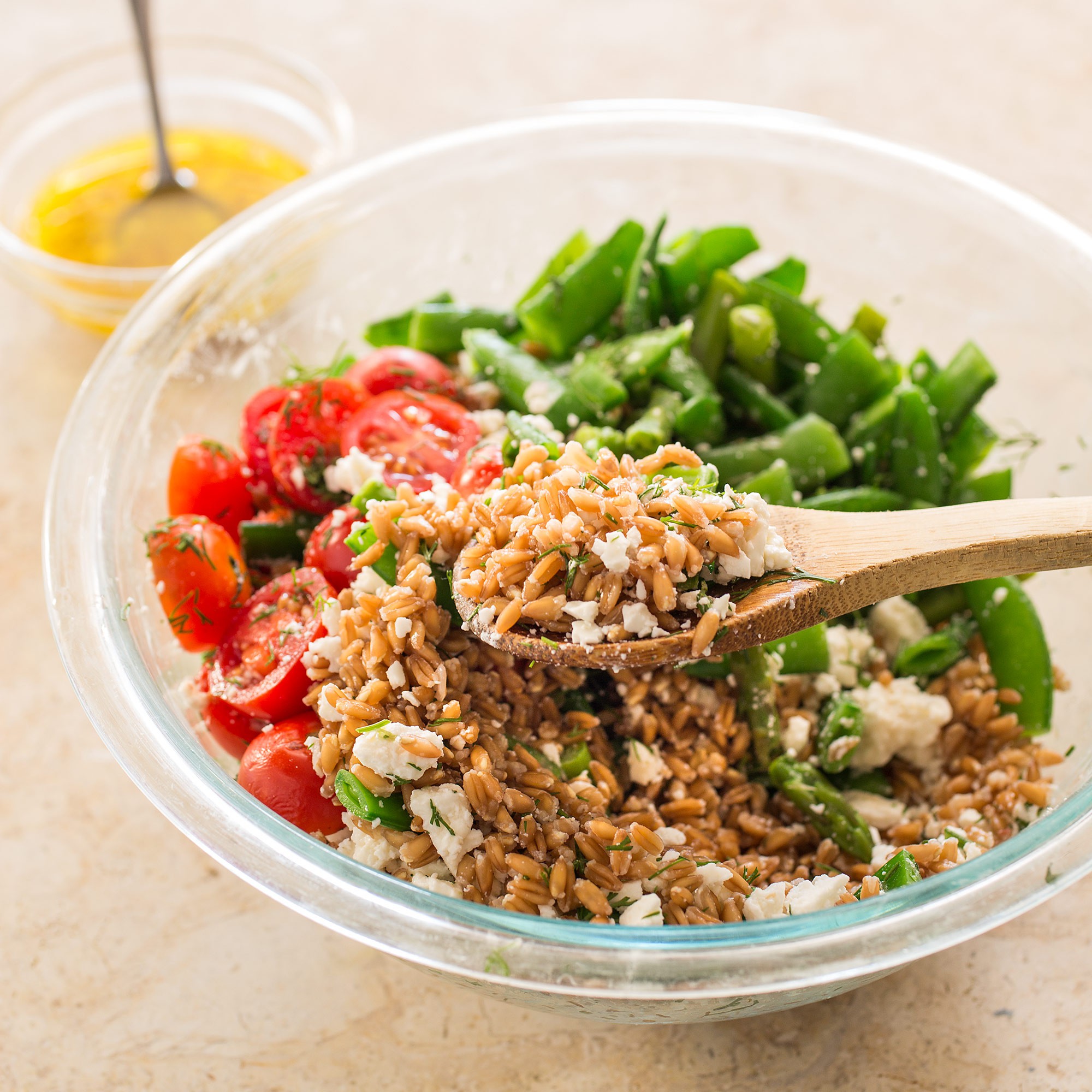 Farro Salad with Asparagus, Sugar Snap Peas, and Tomatoes Chickadee