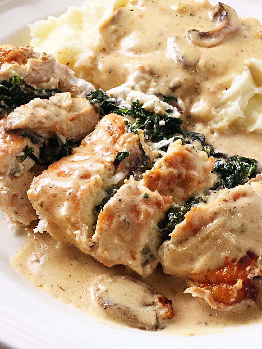 Instant Pot Stuffed Chicken Breast With Spinach Mushrooms Cheeses Served With Mashed Potatoes And Gravy Susan Copy Me That