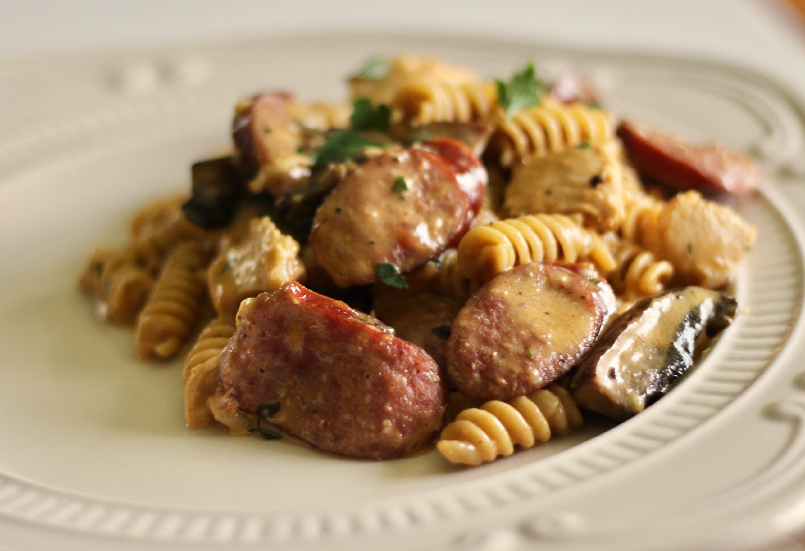 One Pot Cajun Chicken And Sausage Alfredo Pasta Don Mcquaig Copy Me That