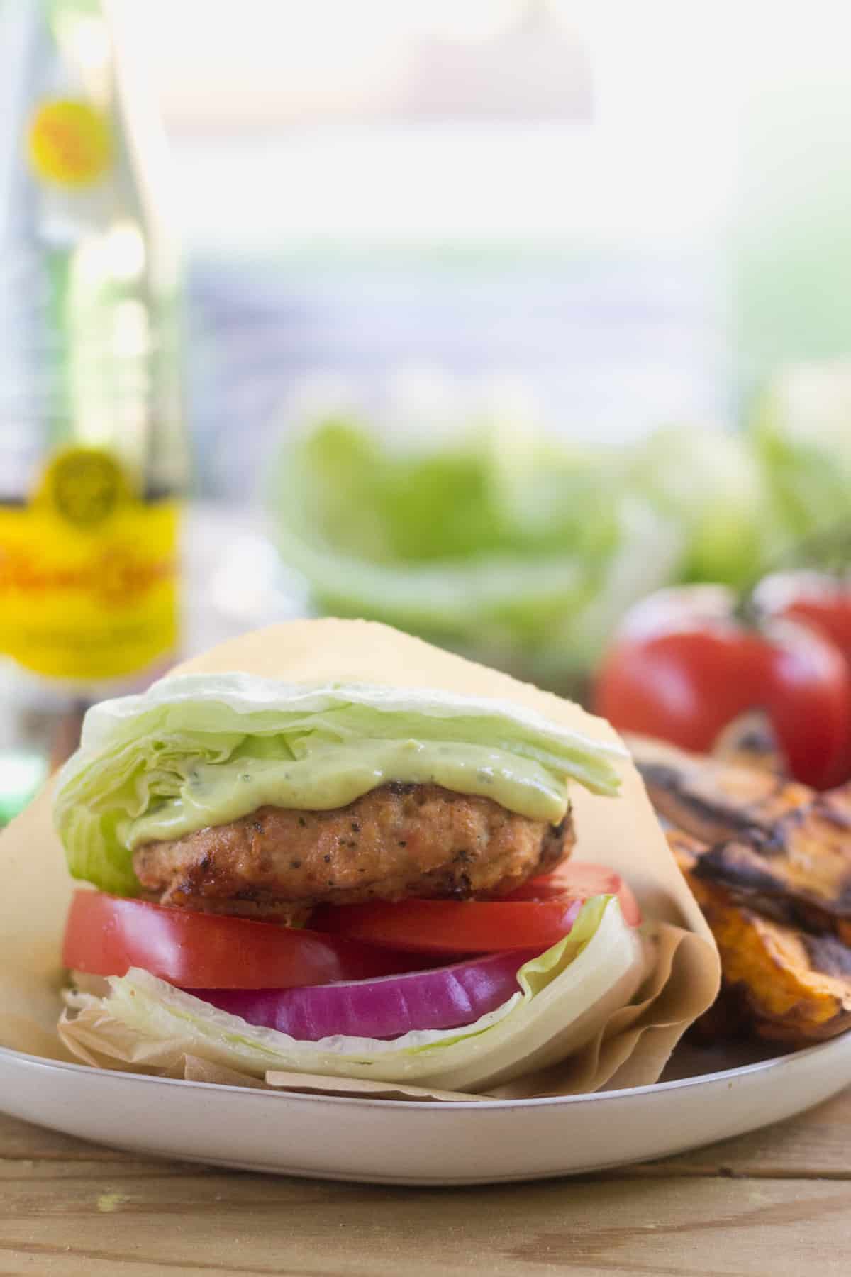 Paleo Sun Dried Tomato Chicken Burgers with Avocado Basil Aioli